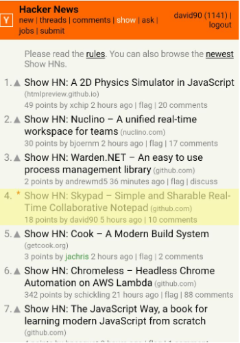 hacker news top page