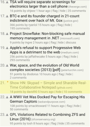 hacker news top page